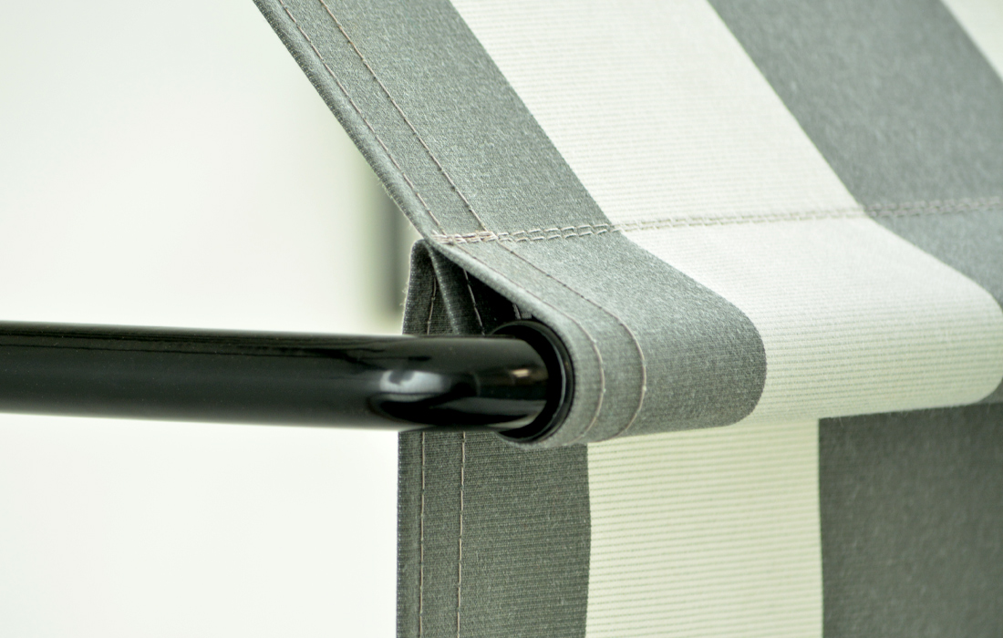 black bar awning and grey fabric